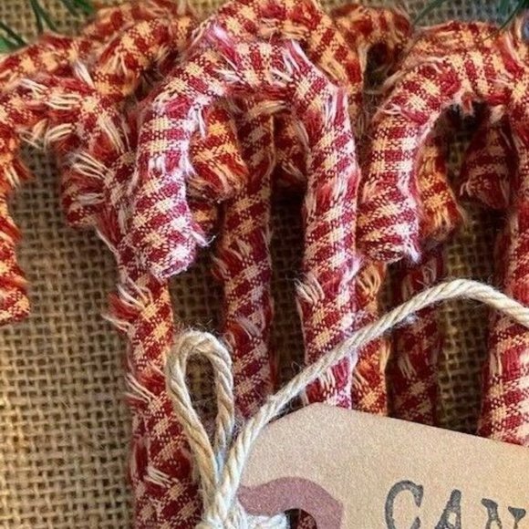 12 Primitive 6" BARN RED Fabric Candy Canes Christmas Ornaments farmhouse decor - Picture 3 of 6